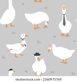 Cute dressed geese seamless pattern. Goose in a hat, tie, scarf, and with umbrella. Funny vector background