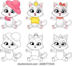 Cute Dressed Kittens. Color and Coloring Page. Vector Illustration