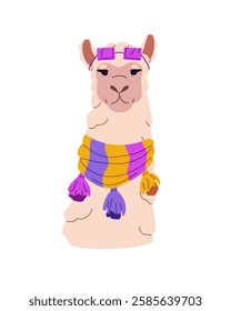 Cute dressed llama avatar. Lama with colourful peru scarf, glasses. Happy alpaca with stylish sunglasses. Fashion animal character wears trendy clothes. Flat isolated vector illustration on white