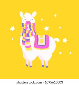 Cute dressed llama. Lama illustration vector. Fantasy animal card, t-shirt cute print.