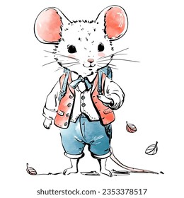 Cute dressed up mouse with a school backpack in autumn. Charming animal in clothes. Imperfect retro vector line illustration. Ink and watercolor on a white background. Print, clipart, greetings.