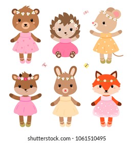 Cute dressed woodland animals in modern flat style. Vector illustration isolated on white background.