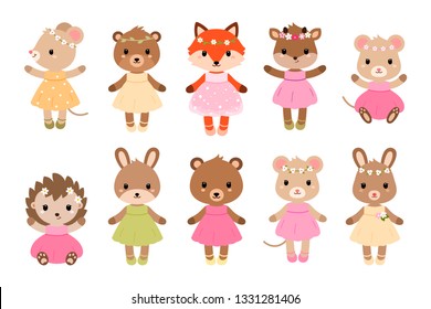 Cute dressed woodland animals in modern flat style. Vector.
