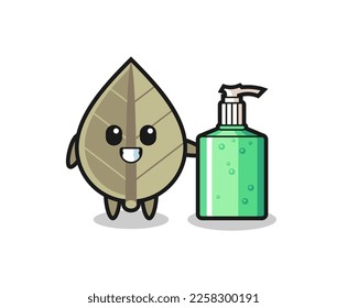 cute dried leaf cartoon with hand sanitizer , cute style design for t shirt, sticker, logo element