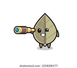 cute dried leaf character is holding an old telescope , cute style design for t shirt, sticker, logo element