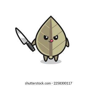 cute dried leaf mascot as a psychopath holding a knife , cute style design for t shirt, sticker, logo element