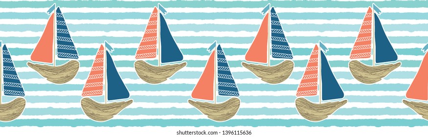 Cute driftwood sailboat on the blue ocean sea border pattern. Marine water stripes seamless vector background. Nautical sailing vessel fun, cruise fashion textile trim, beach vacation travel banner.
