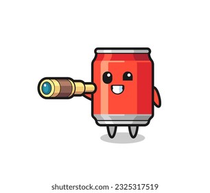 cute drink can character is holding an old telescope , cute style design for t shirt, sticker, logo element