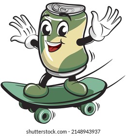 cute drink can vintage character mascot illustration is in a good mood ride skateboard