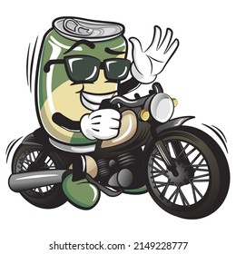 cute drink can vintage character mascot illustration very cool riding a motorbike