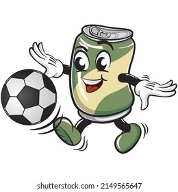 cute drink can vintage character mascot illustration playing football or soccer