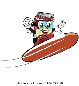 cute drink can vintage character mascot illustration have fan ride snow board with safety glasses