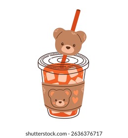 A cute drink in a cup with a bear face. It has ice cubes and a red straw with a bear head on top. Vector illustration blended smoothie for logo, ads, promotion, marketing, banner.