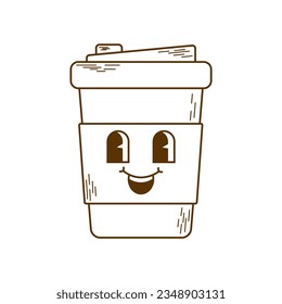Cute drinks characters illustration. Dark color on white background. Retro groovy coffee in a glass. Funky mascots sticker for cafe, bar, restaurant. Comic vector art.