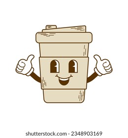 Cute drinks characters illustration on white background. Retro groovy coffee in a glass with hands. Funky mascots sticker for cafe, bar, restaurant. Comic vector art.