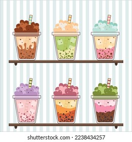 Cute drinks on shelf with blue striped wallpaper background