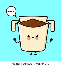 Cute drip coffee character expressing annoyance and frustration with clenched fists and a thought bubble, illustrating a common morning feeling before caffeine kicks in