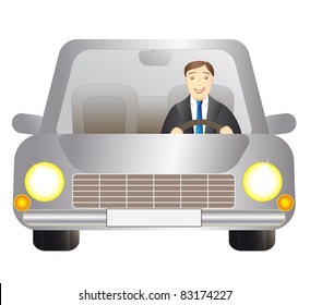 cute driver man in silver car on white background