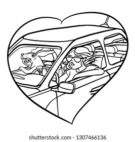 Cute driving woman. Coloring book style.