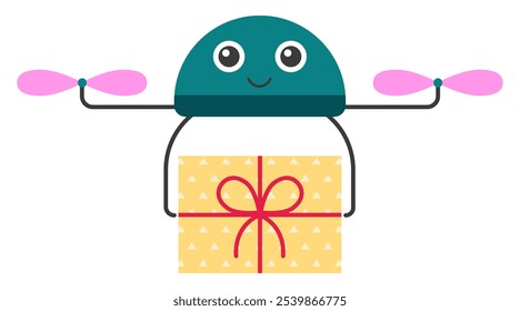 Cute drone robot delivering a gift for holiday, new year, Christmas, birthday party