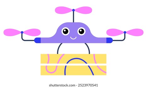 Lindo robot drone entregando mercancías, pizza, cena, Vector plano