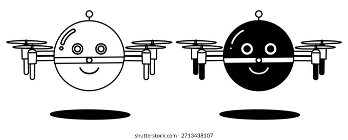 Cute drone-shaped robot black-and-white vector illustration (line art and filled version)