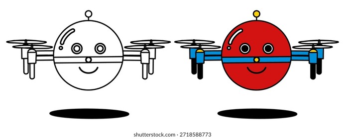 Niedliche Drone-förmigen Roboter Linie Kunst und Farbe Illustration Set