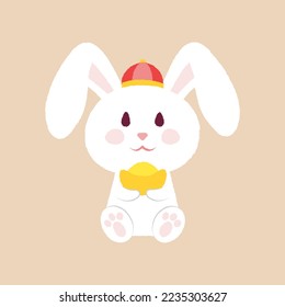 Cute drop ear rabbit holding ancient chinese gold ingot, wearing chinese cap. Paintbrush flat style illustration