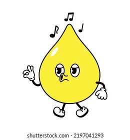 Una pequeña gota de personaje cantante de orina caminando. Dibujo a mano del vector tradicional de caricatura vintage, retro, kawaii icono de ilustración del personaje. Fondo blanco aislado. Personaje del canto de orina gota feliz