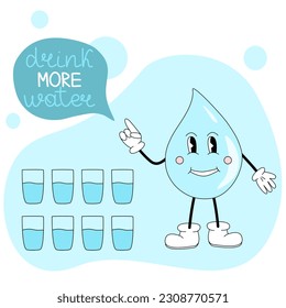 Cuta gota de agua dice el personaje bebe más agua, mantente hidratado concepto, vector