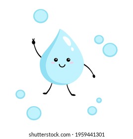 cute drop of water with a smile. The logo icon is a drop of water among soap bubbles. the logo design is isolated on a white background. Kawaii