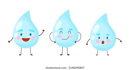 Cute drop of water with a smile white background. Kawaii