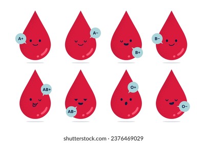 Colirio con diferentes tipos de sangre. Análisis de sangre y donación. Concepto de atención de la salud. Ilustraciones vectoriales planas.