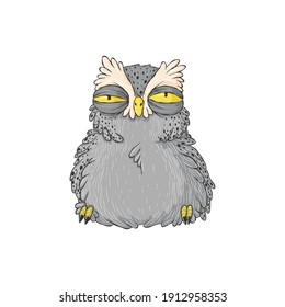 Cute drowsy owl. cartoon hand drawn clip art. Grumpy night owl in child style.  