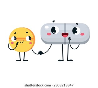 Cute Drug and Medicine with Smiling Face Holding Hands Vector Illustration