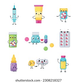 Cute Drug and Medicine with Smiling Faces and Arms Vector Set