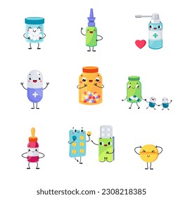 Cute Drug and Medicine with Smiling Faces and Arms Vector Set