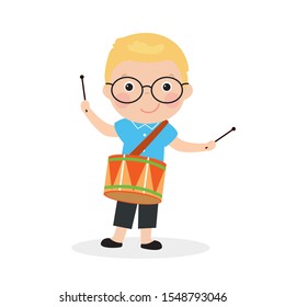 Cute drum boy. Cartoon caucasian preschooler kid with musical instrument isolated on white background. Flat vector illustration