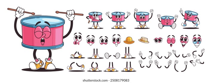 Cute Drum Cartoon Character With Various Facial Expressions And Accessories, Set For Customization and Animation