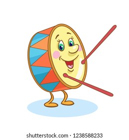 Cute drum - percussion musical instrument in cartoon style isolated on white background. 