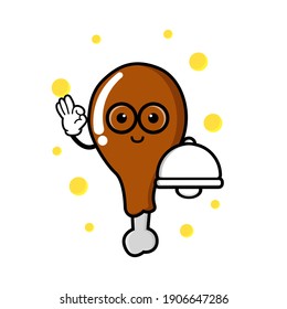 cute drum stick chicken cartoon mascot character funny expression holding food cover