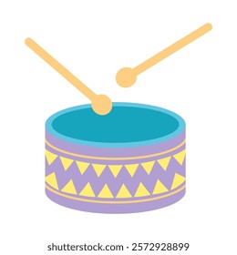 cute drum and wooden drum sticks, musical instrument, flat vector illustration isolated on white background, circus element