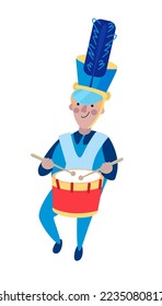 Cute drummer in festive uniform for the parade. Holiday, carnival. Funny isolated character on white background. Vector illustration.