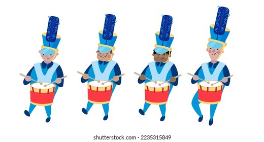 Cute drummers in festive uniforms at the parade. Holiday, carnival. Funny isolated character in cartoon style. Vector illustration.