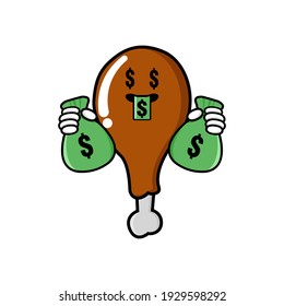 cute drumstick chicken cartoon mascot character funny expression with money eye and holding money pouch