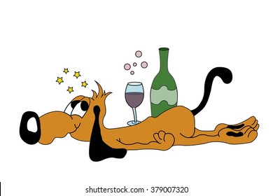 Cute drunk dog illustration.