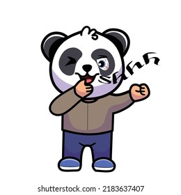 Cute Drunk Panda Whistling With Finger Of His Hand Standing Panda Wink Eyes Cartoon Clip Art Illustration