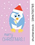 cute drunk penguin on winter landscape. Christmas greeting card background. Xmas vector illustration.