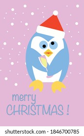 pingüino emborrachado lindo en el paisaje invernal. Fondo de la tarjeta de felicitación de Navidad. Ilustración vectorial de Navidad.
