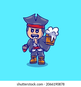 cute drunk pirate illustration, suitable for t-shirt design or cute pirate mascot